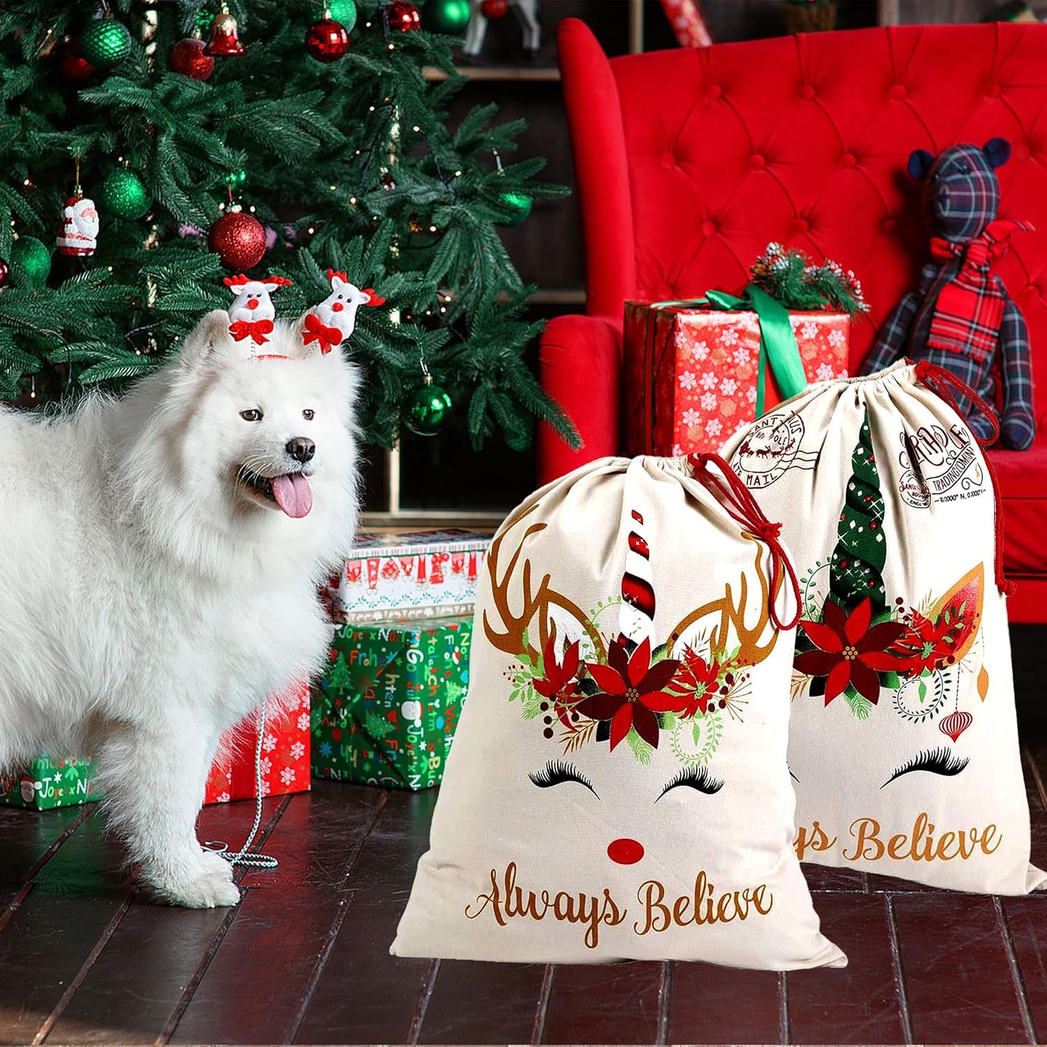 Santa Sack 2Pcs, Unicorn Christmas Canvas Gift Bags with Drawstring, Large Size Reusable Personalized Santa Bags for Xmas Package Storage, Party Supplies Favors