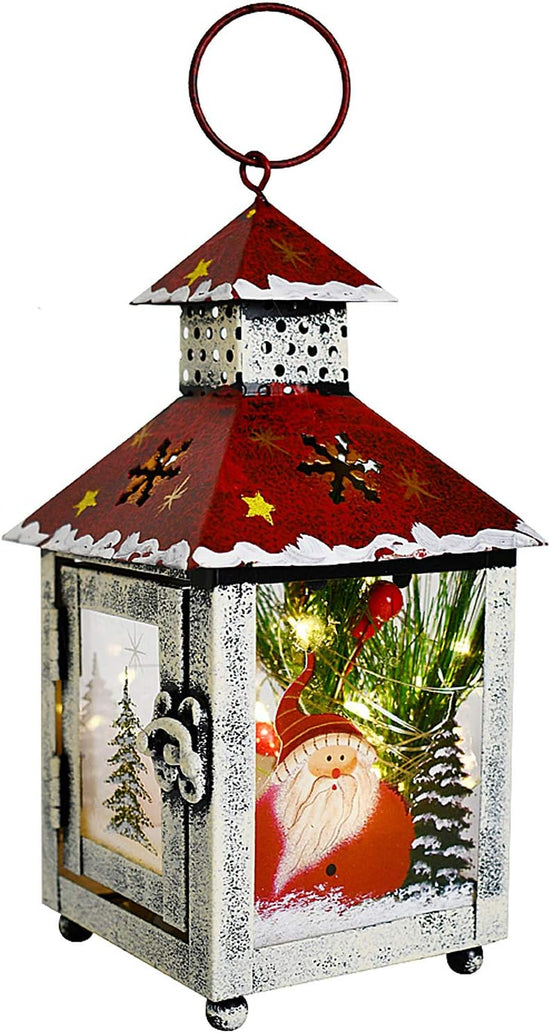 Metal Lantern Christmas Decorations with LED Light Indoor Outdoor Decorative Hanging Lanterns Santa Decor Hand Painted Rustic Metal Glass Small Christmas Lanterns Table Decor Xmas Holiday Party Decor