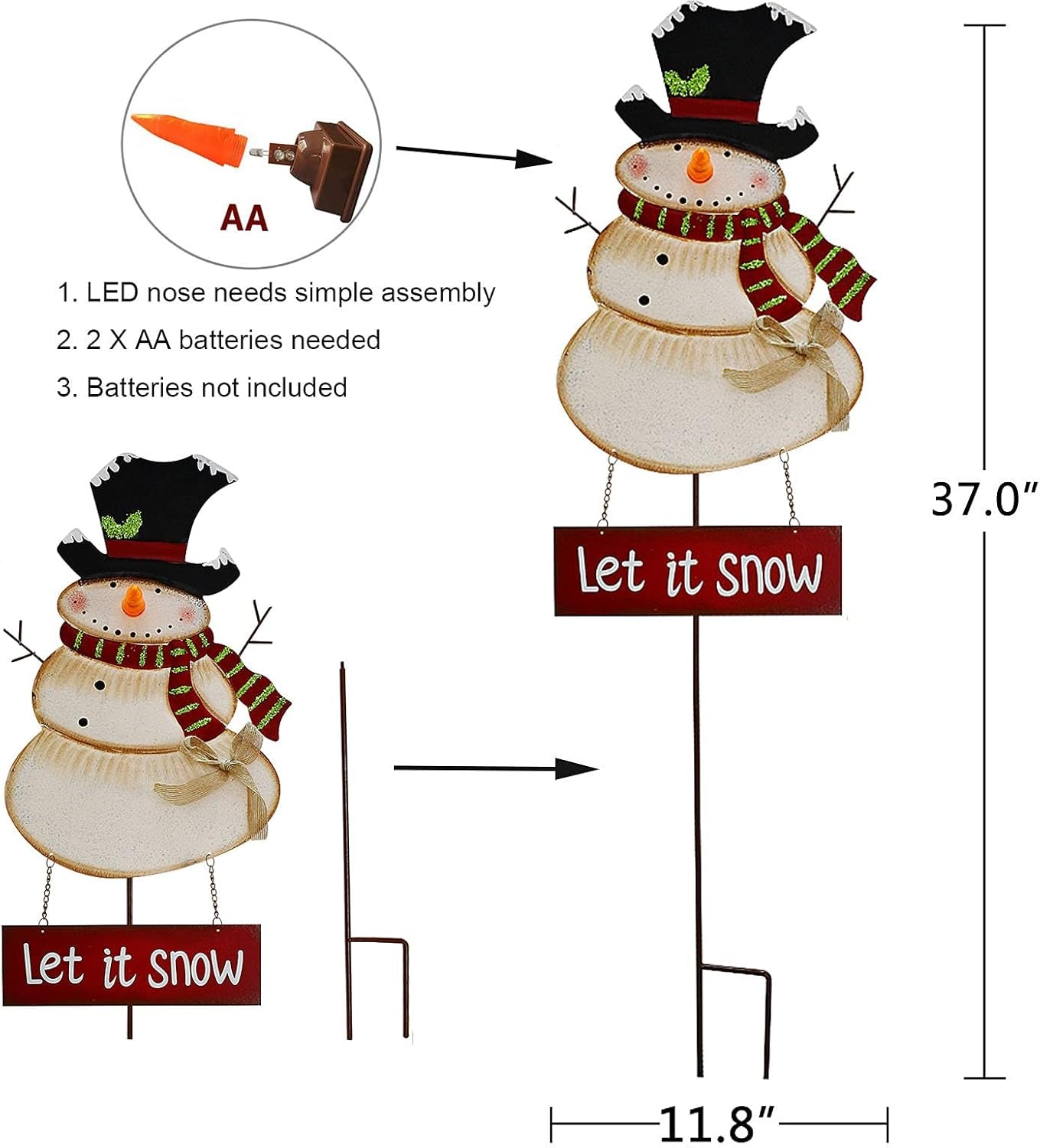 Christmas Snowman Garden Stake Decor Snowman Decoration, Outdoor Metal Yard Sign Lawn Stake LED Battery Operated Blinking Nose Christmas Snowman Yard Decor Holiday Decoration (Batteries Not Included)