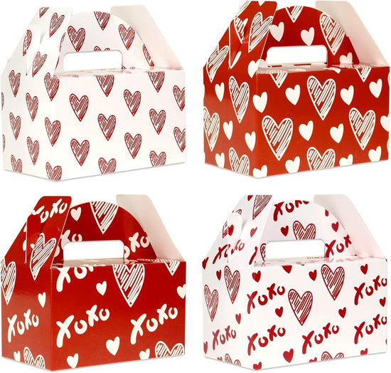 Valentine Boxes for Treats, 24-Pack Valentines Day Treat Boxes, 4 Doodle Designs, Paper Valentine&