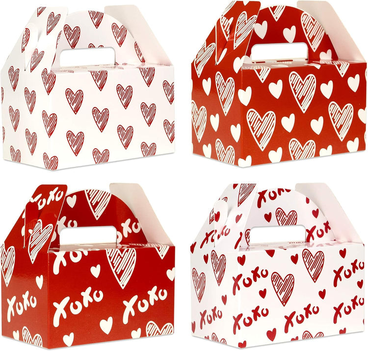 Valentine Boxes for Treats, 24-Pack Valentines Day Treat Boxes, 4 Doodle Designs, Paper Valentine&