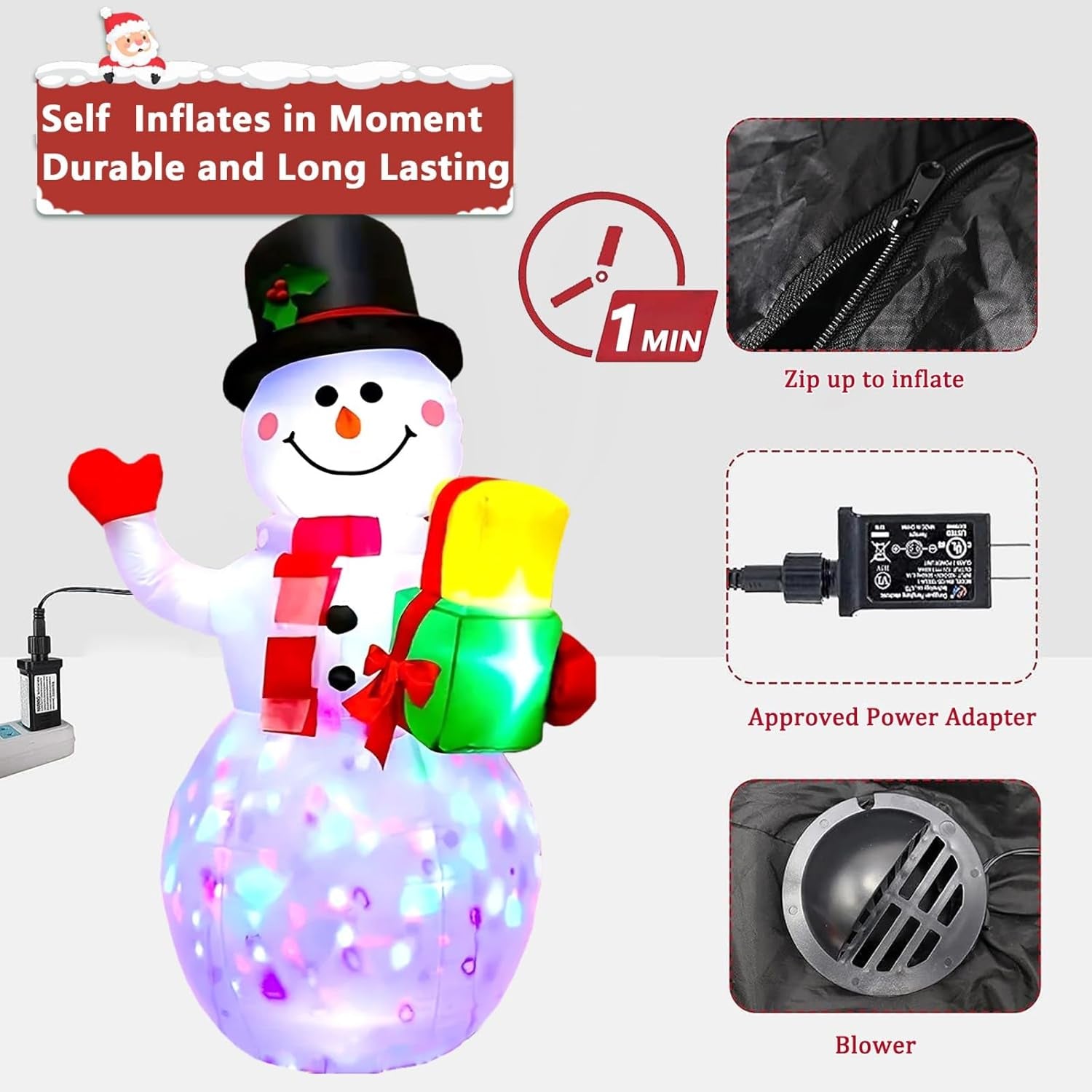 5FT Inflatable Christmas Snowman with Rotating LED Lights for Outdoor Decor
