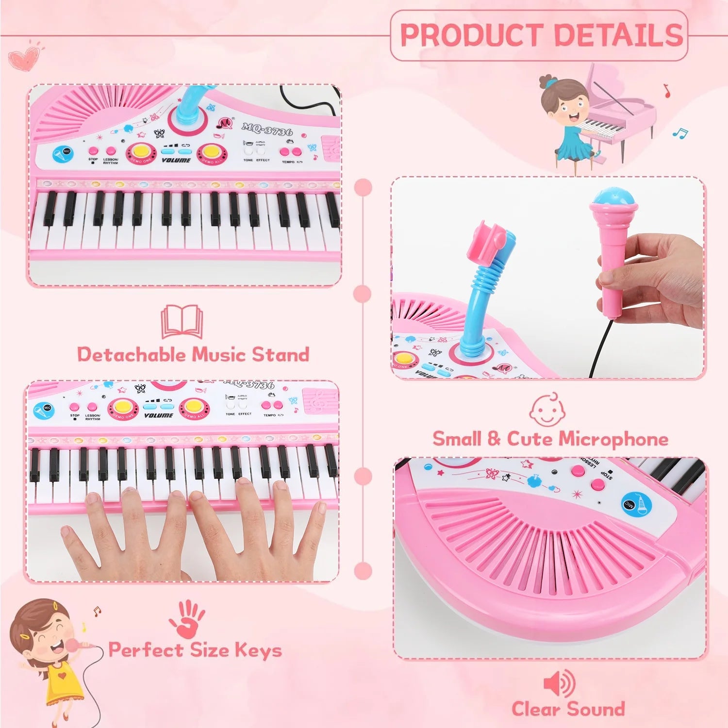 Baby Piano Toys for Kids, Toddlers Piano Keyboard Instrument with Microphone, 37 Keys Piano Toys Educational Musical Gift for 2 3 4 5 6 Year Old Girls, Pink