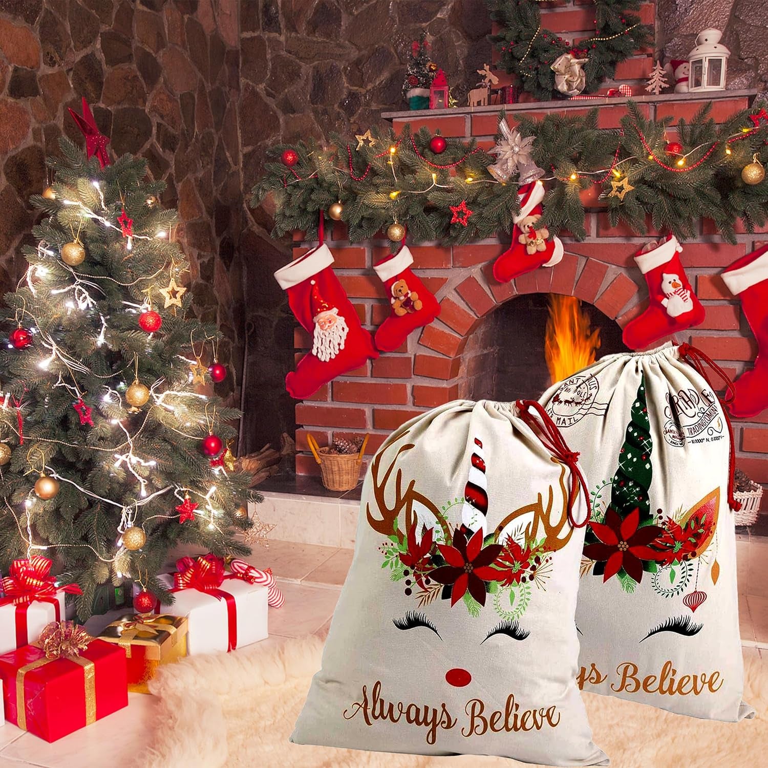 Santa Sack 2Pcs, Unicorn Christmas Canvas Gift Bags with Drawstring, Large Size Reusable Personalized Santa Bags for Xmas Package Storage, Party Supplies Favors