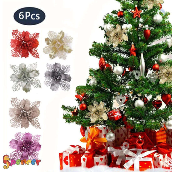 6 Pcs decorative lace flower accents for Christmas tree, featuring red, white, silver, gold, black, and purple colors.