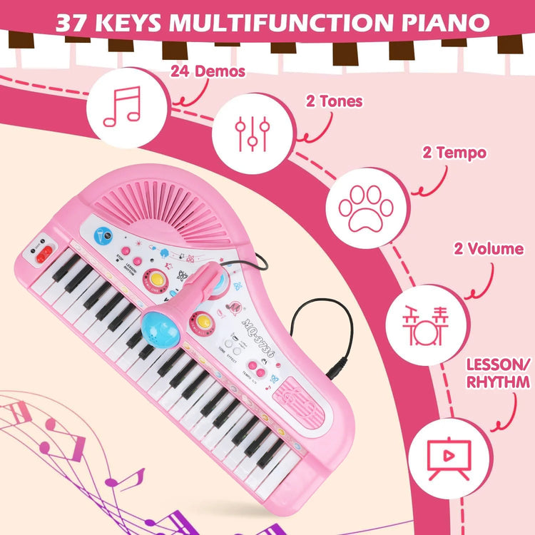 Baby Piano Toys for Kids, Toddlers Piano Keyboard Instrument with Microphone, 37 Keys Piano Toys Educational Musical Gift for 2 3 4 5 6 Year Old Girls, Pink