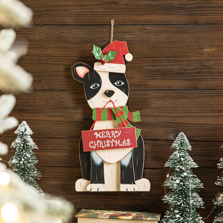 Christmas Boston Terrier Table Decoration 16 Inches Wooden Dog Tabletop Ornament for Christmas Farmhouse Boston Terrier Home Decor Rustic Xmas Desk Decoration