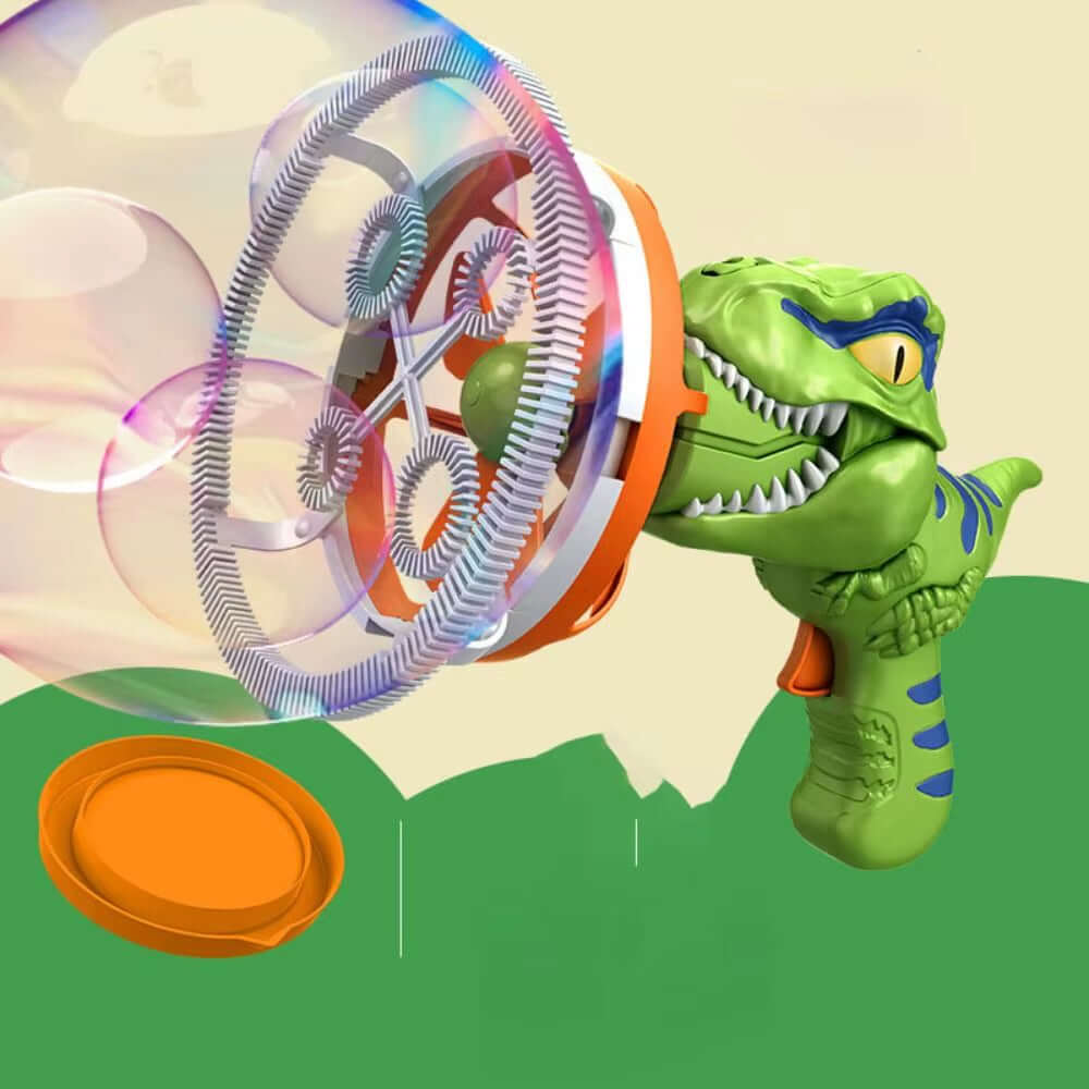 Dinosaur Bubble Machine for Kids - Electric ABS fan bubble blower creating colorful bubbles outdoors.