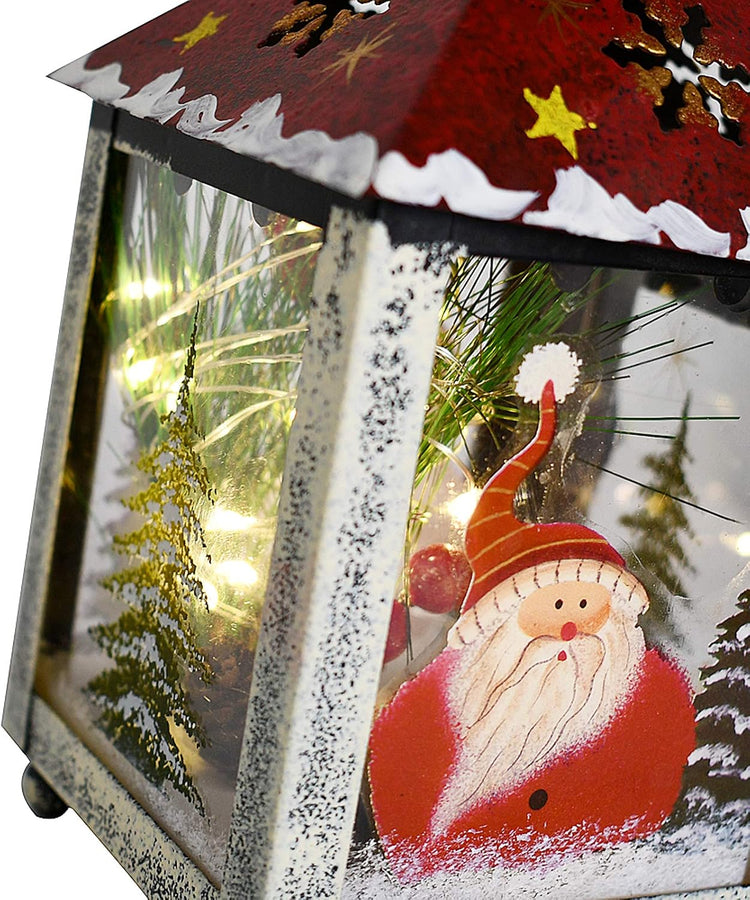 Metal Lantern Christmas Decorations with LED Light Indoor Outdoor Decorative Hanging Lanterns Santa Decor Hand Painted Rustic Metal Glass Small Christmas Lanterns Table Decor Xmas Holiday Party Decor