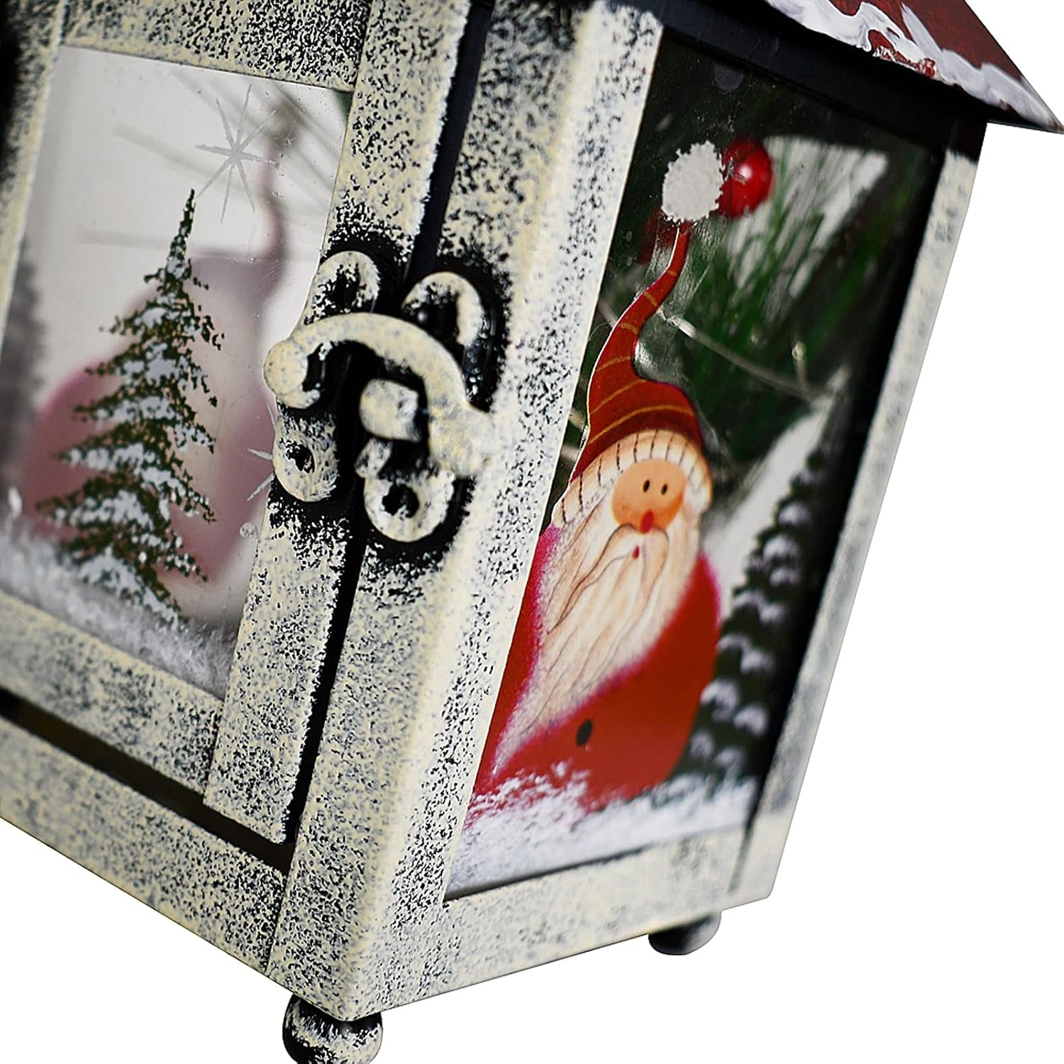 Metal Lantern Christmas Decorations with LED Light Indoor Outdoor Decorative Hanging Lanterns Santa Decor Hand Painted Rustic Metal Glass Small Christmas Lanterns Table Decor Xmas Holiday Party Decor