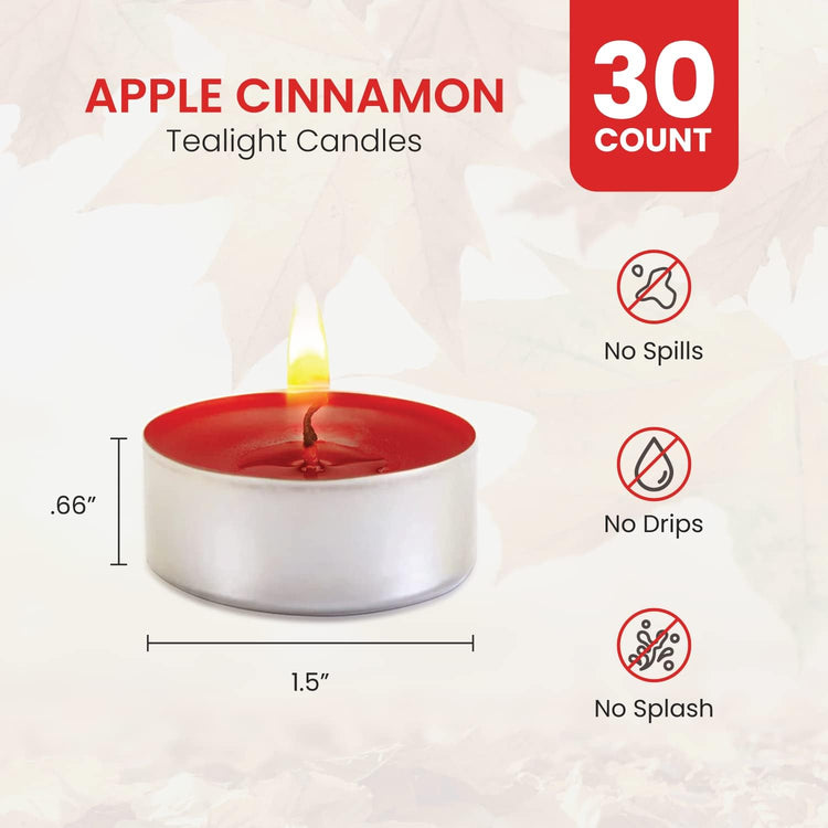 Apple Cinnamon Scented Candles - 30 Count of tea light candles with no spills, no drips, and no splash.