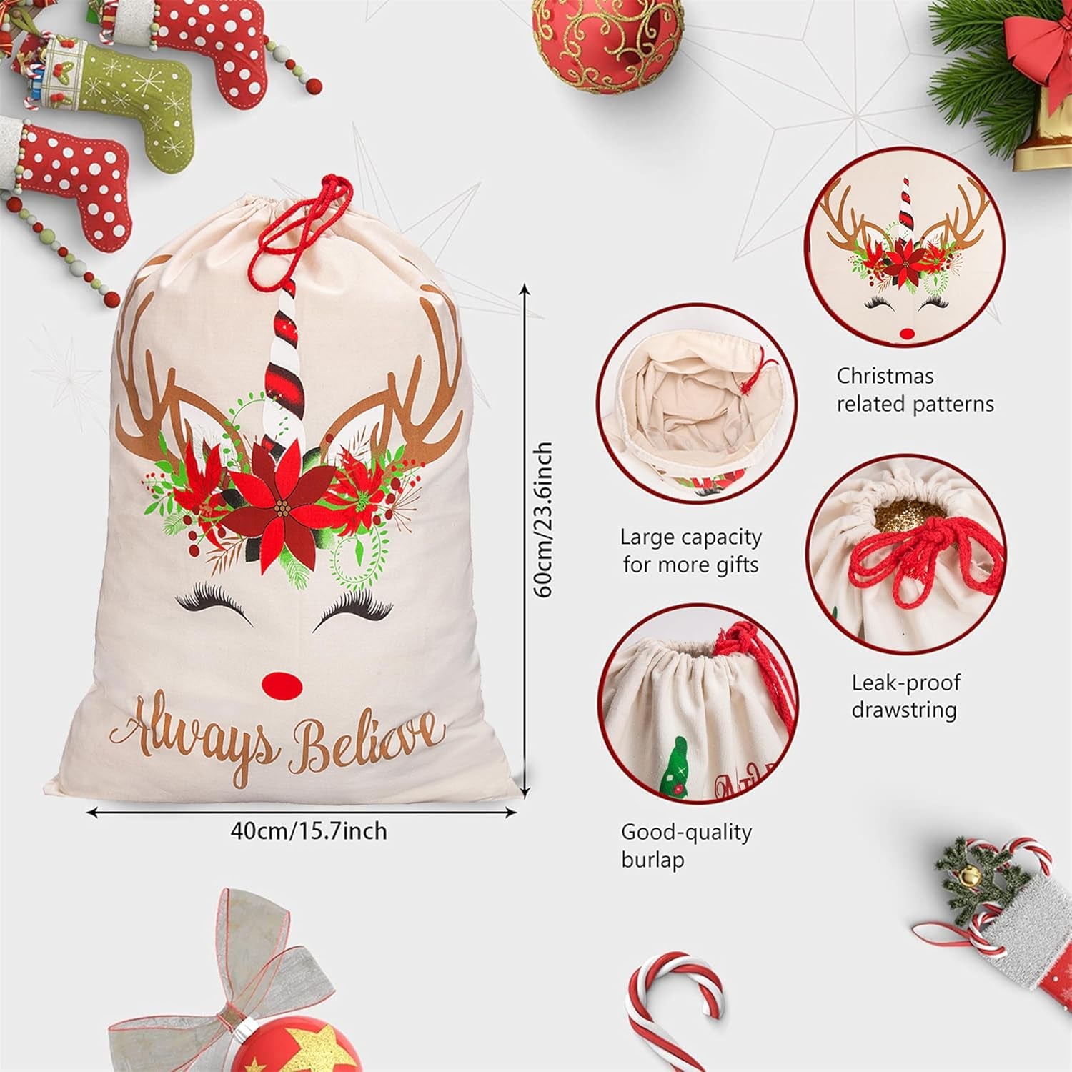 Santa Sack 2Pcs, Unicorn Christmas Canvas Gift Bags with Drawstring, Large Size Reusable Personalized Santa Bags for Xmas Package Storage, Party Supplies Favors